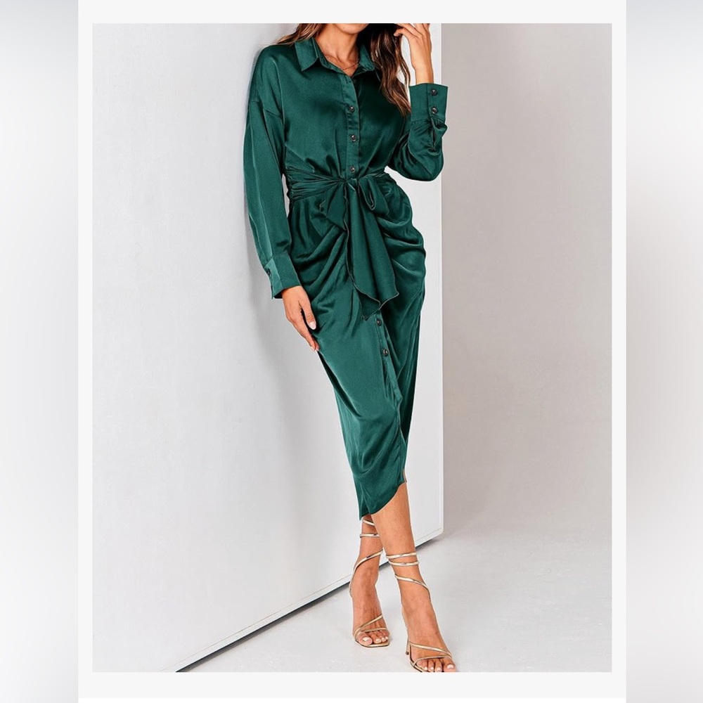 Satin Belted Shirt Dress Green Dress Ruched V-Neck Button Down Long Sleeve Midi
